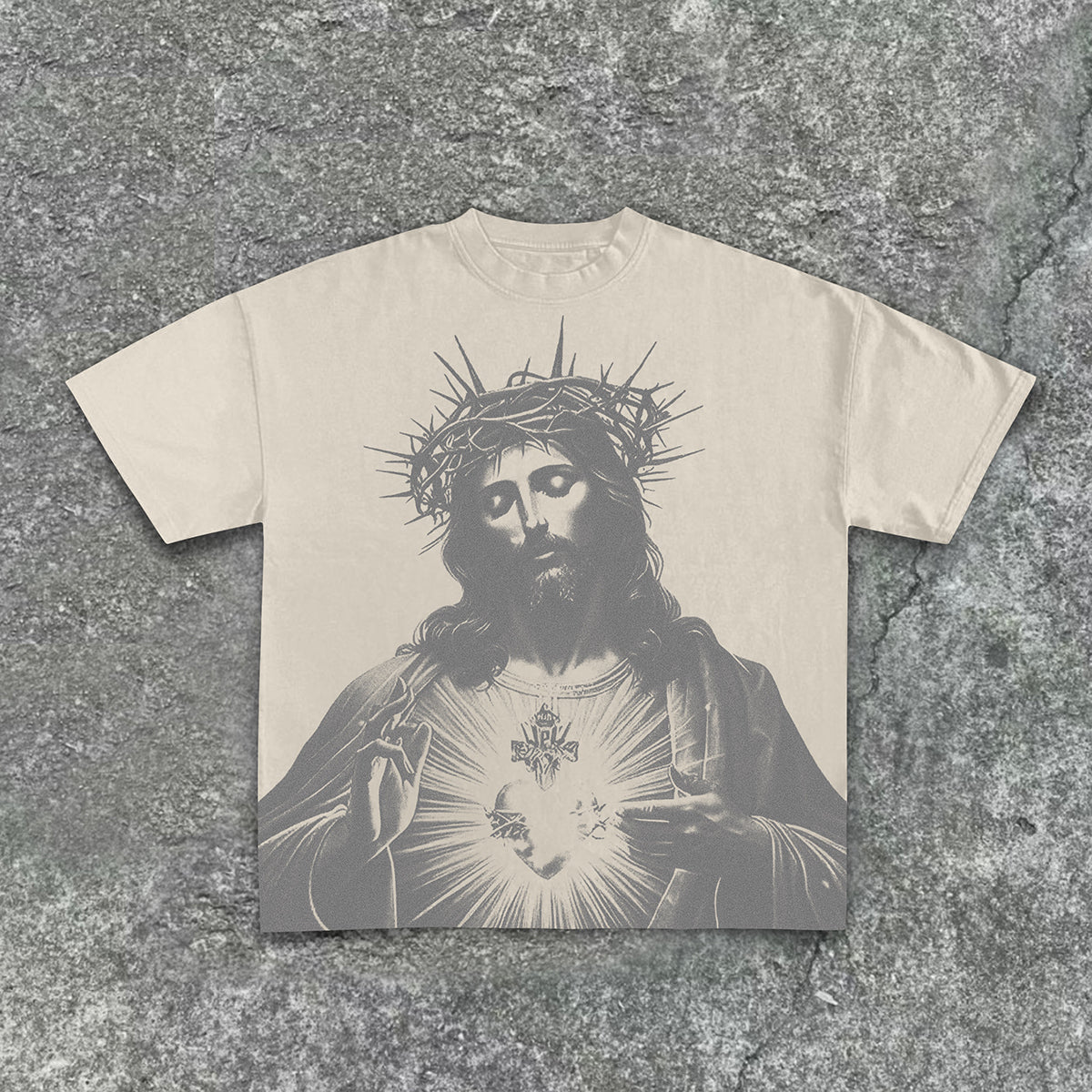 Vintage Jesus Print Round Neck Cotton T-Shirt