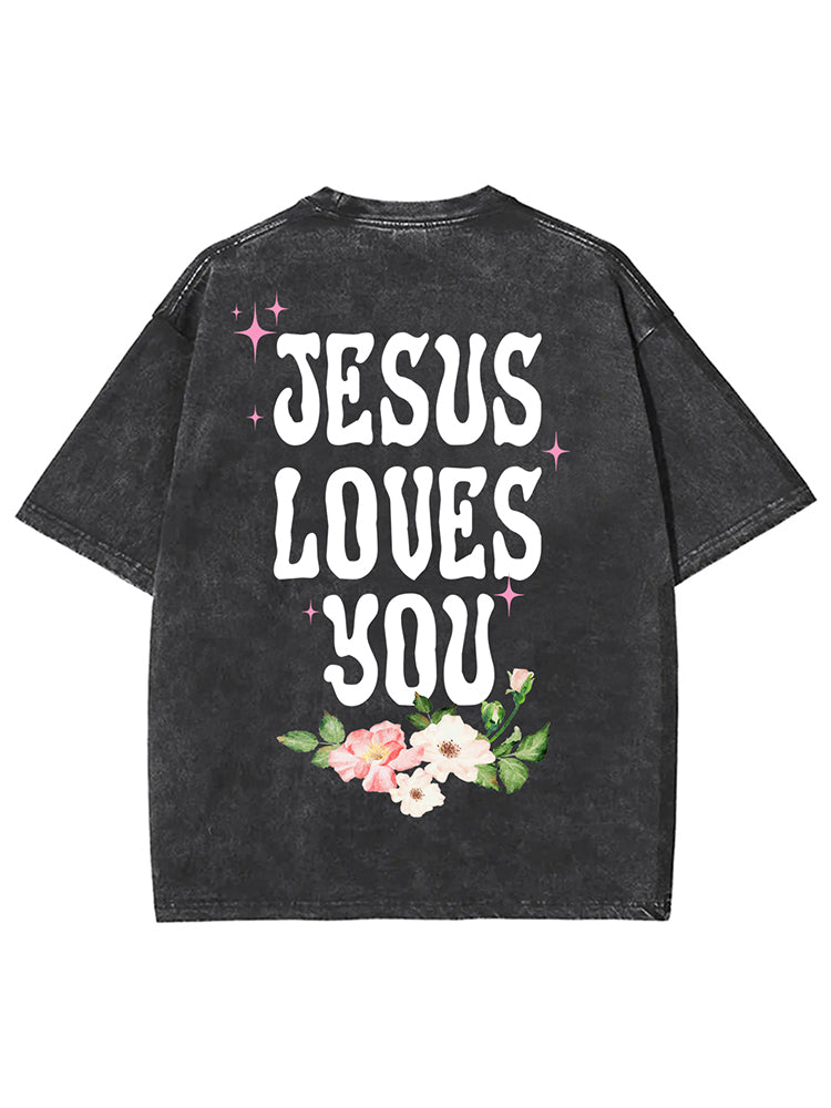 Vercoo Vintage Short Sleeve Jesus Loves You Unisex Printed Acid Washed T-Shirt