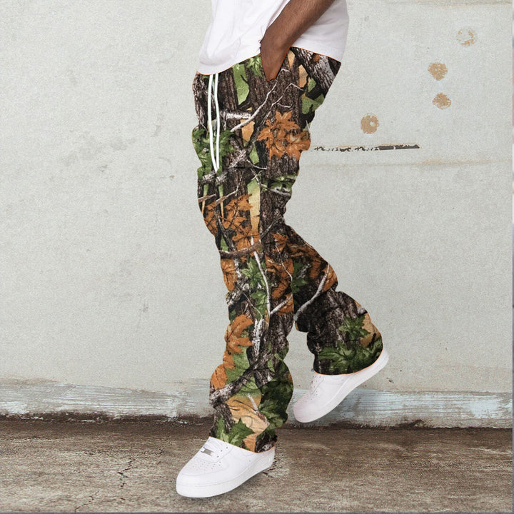 Vintage Camouflage Print Drawstring Stacked Trousers