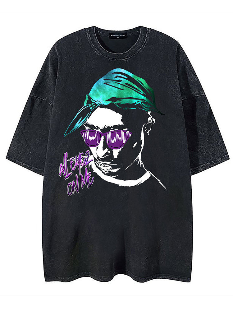 Vercoo Vintage Tupac Shakur Graphic Washed T-Shirt