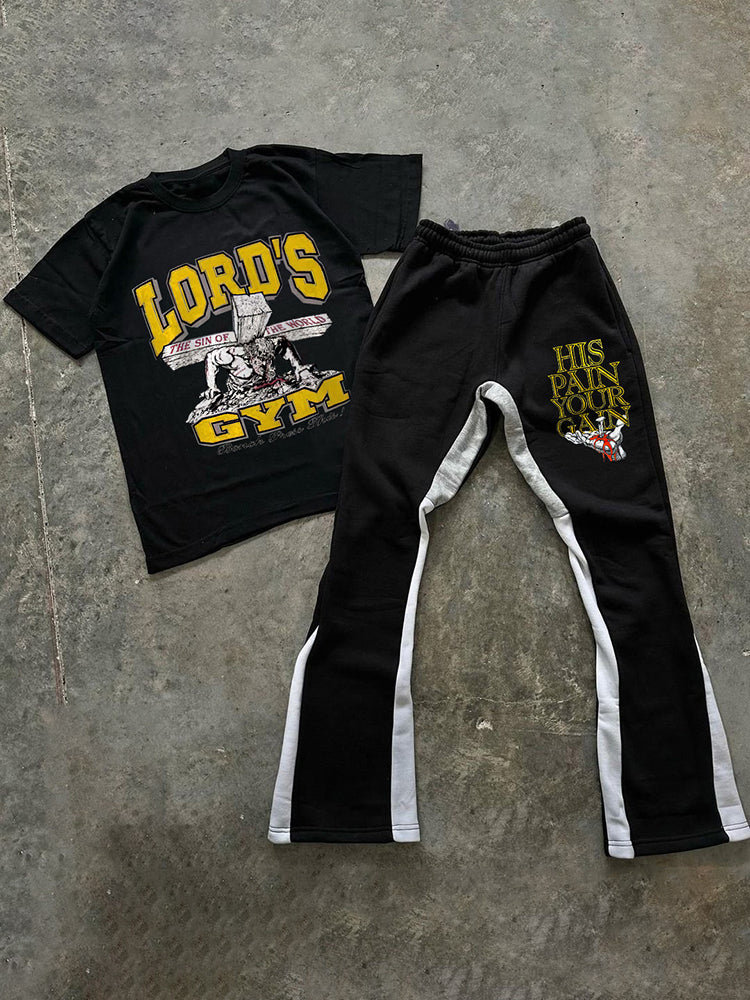 Lord S Gym Print Short Sleeve Tee & Flared Trousers Two Piece Set