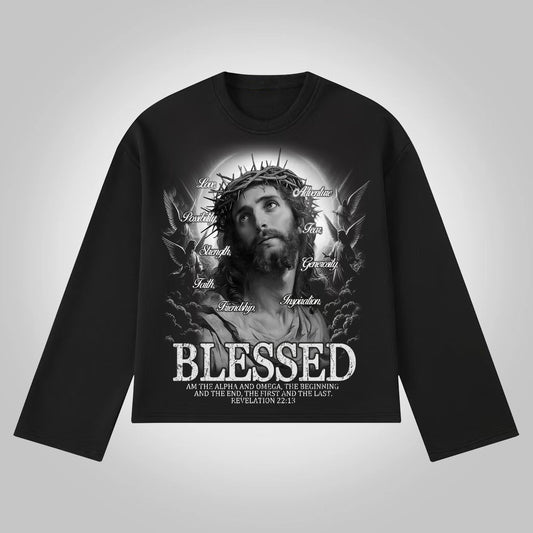 Vercoo Vintage Jesus Graphics Blessed Revelation 22:13 Print Cotton Long Sleeve T-Shirt