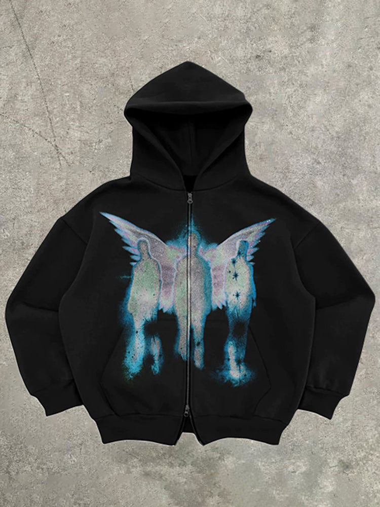 Vercoo Vintage Psychedelic Angel Graphic Casual Street Zip Up Hoodie