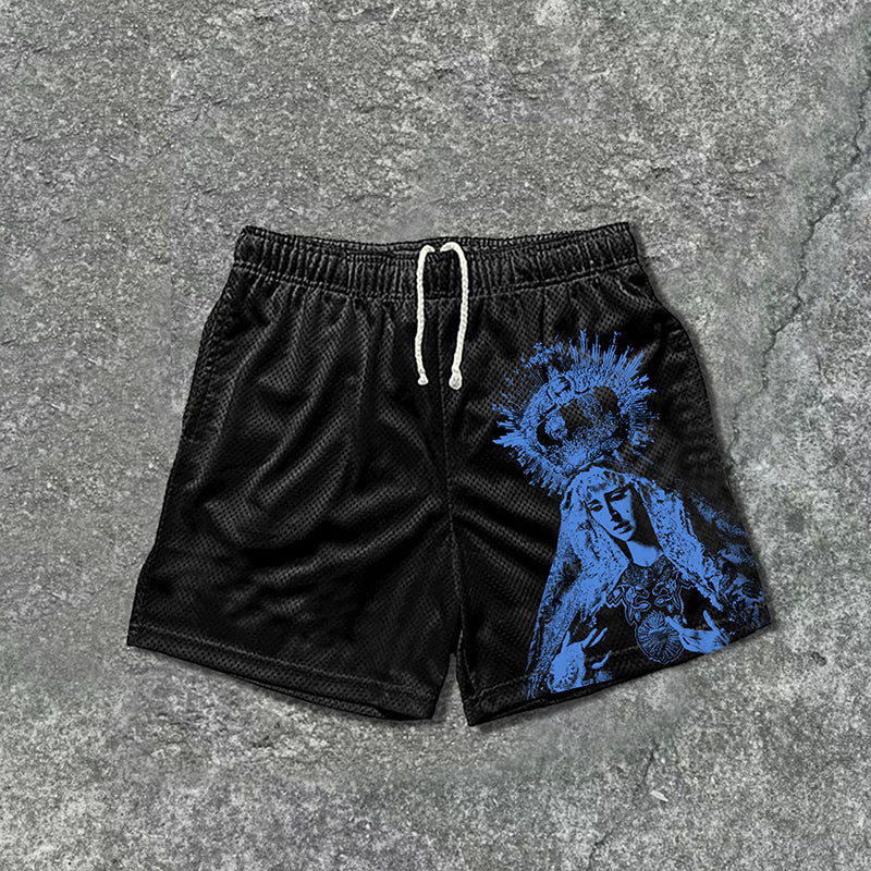 Vintage The Scriptures Of The Blessed Virgin Mary Graphics Mesh Drawstring Shorts