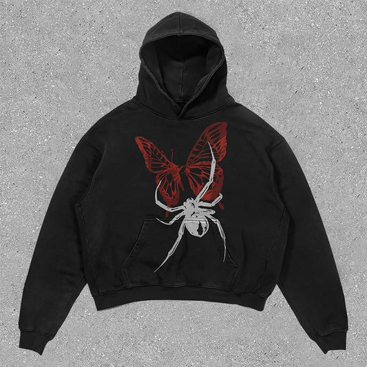 Vercoo Vintage Spider Butterfly Graphic Acid Washed Oversized Hoodie