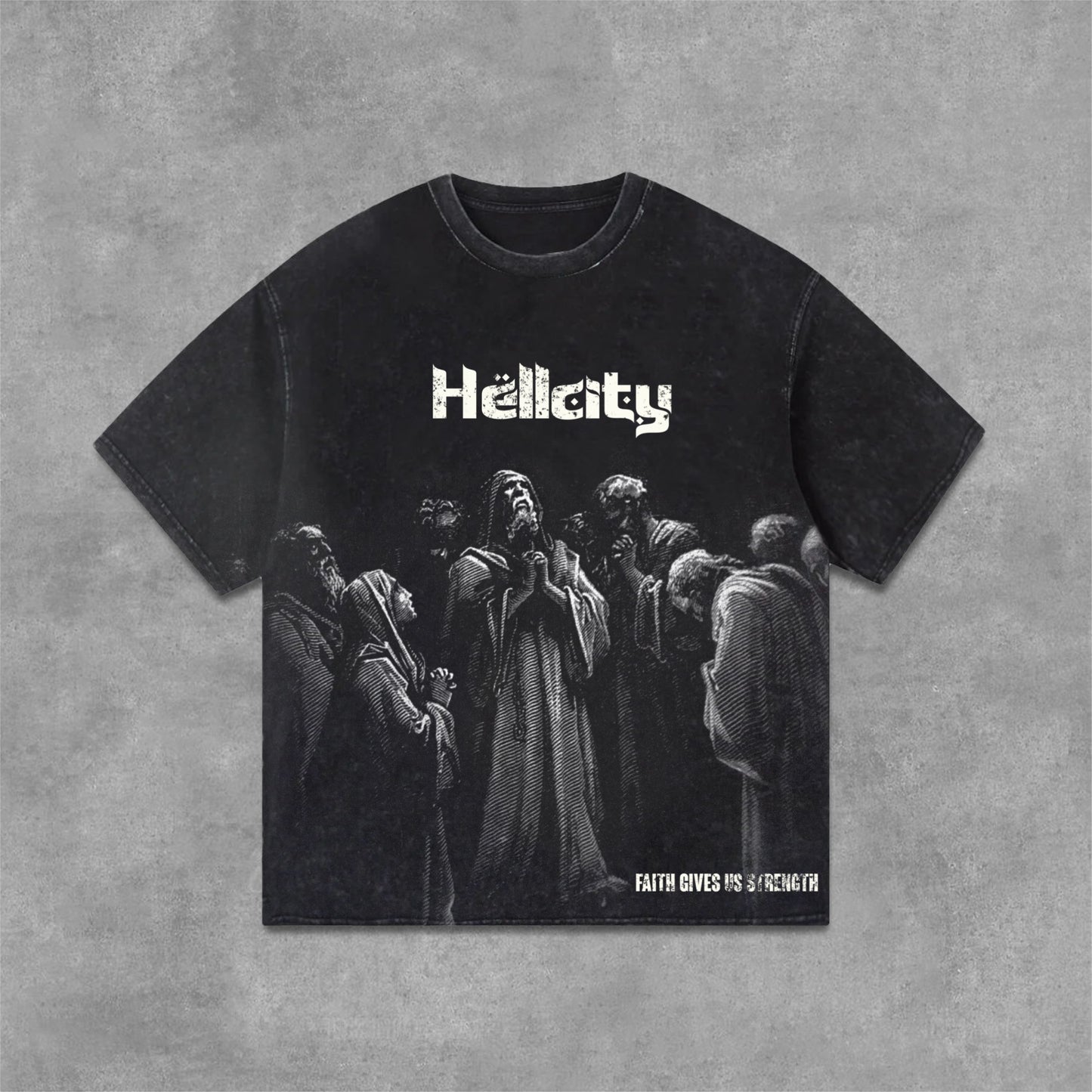 Hellcity-Belief In God Graphics Acid Washed T-Shirt