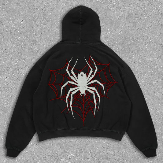 Vercoo Vintage Spider Graphic Acid Washed Oversized Hoodie