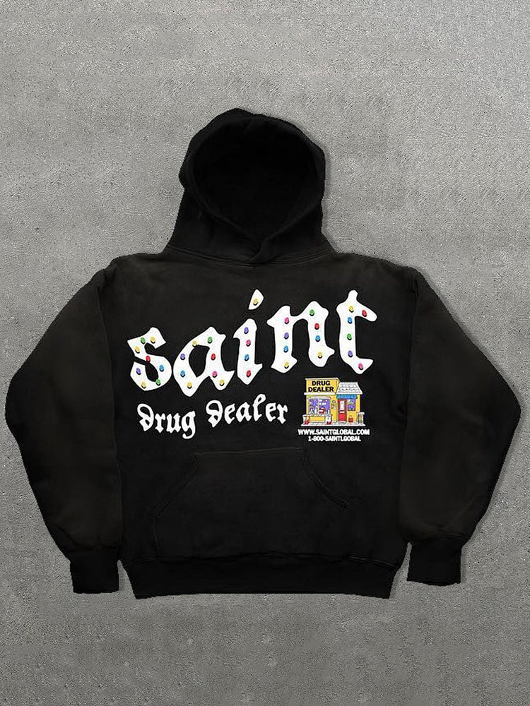 Vercoo Vintage Saint Drug Dealer Graphic Print Side Pockets Hoodie