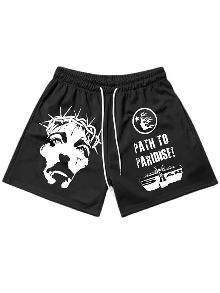 Vercoo Vintage Jesus Graphic Casual Street Mesh Shorts