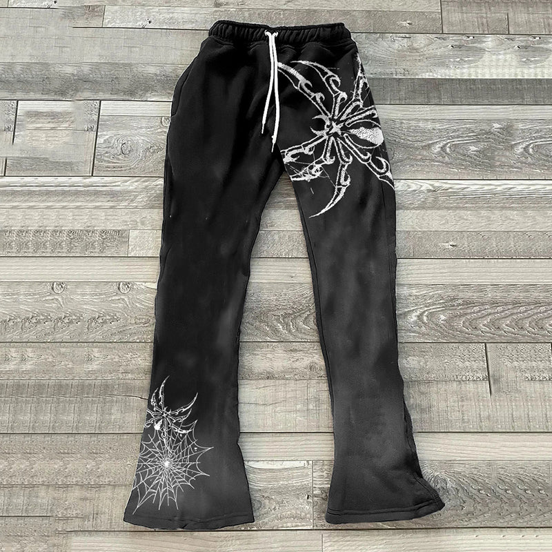 Vercoo Vintage Spider Print Graphic Flared Sweats Trousers