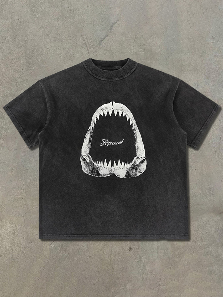 Vercoo Vintage Megalodon Print Washed T-Shirt