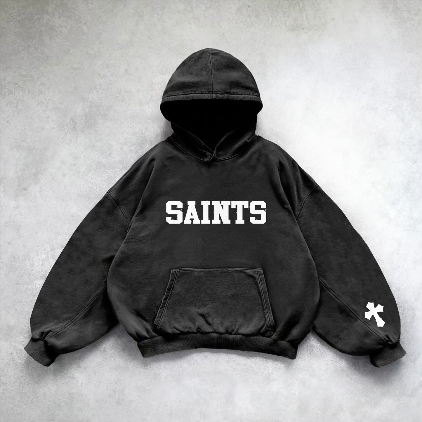 Vercoo Vintage Saint's Cross Print Graphic Washed Distressed Hoodie