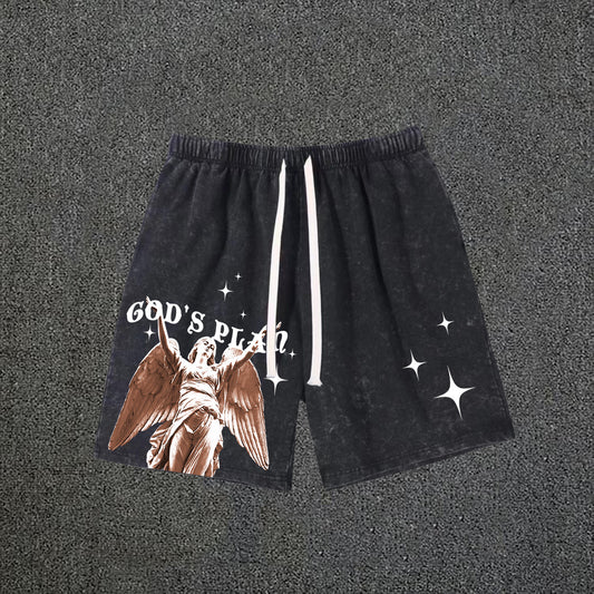 Men's Vintage God's Plan Print Drawstring Acid Washed Shorts