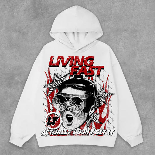 Vintage Portrait Living Fast Graphic Print Side Pockets Hoodie