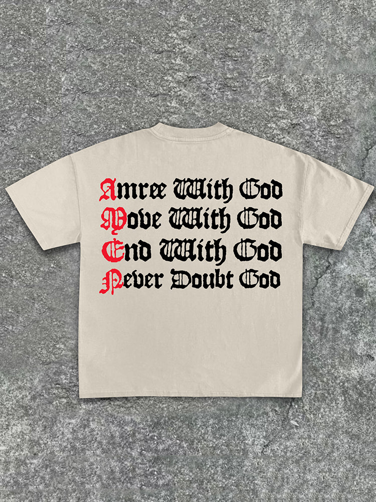 God Amen Alphabet Print Cotton T-Shirt