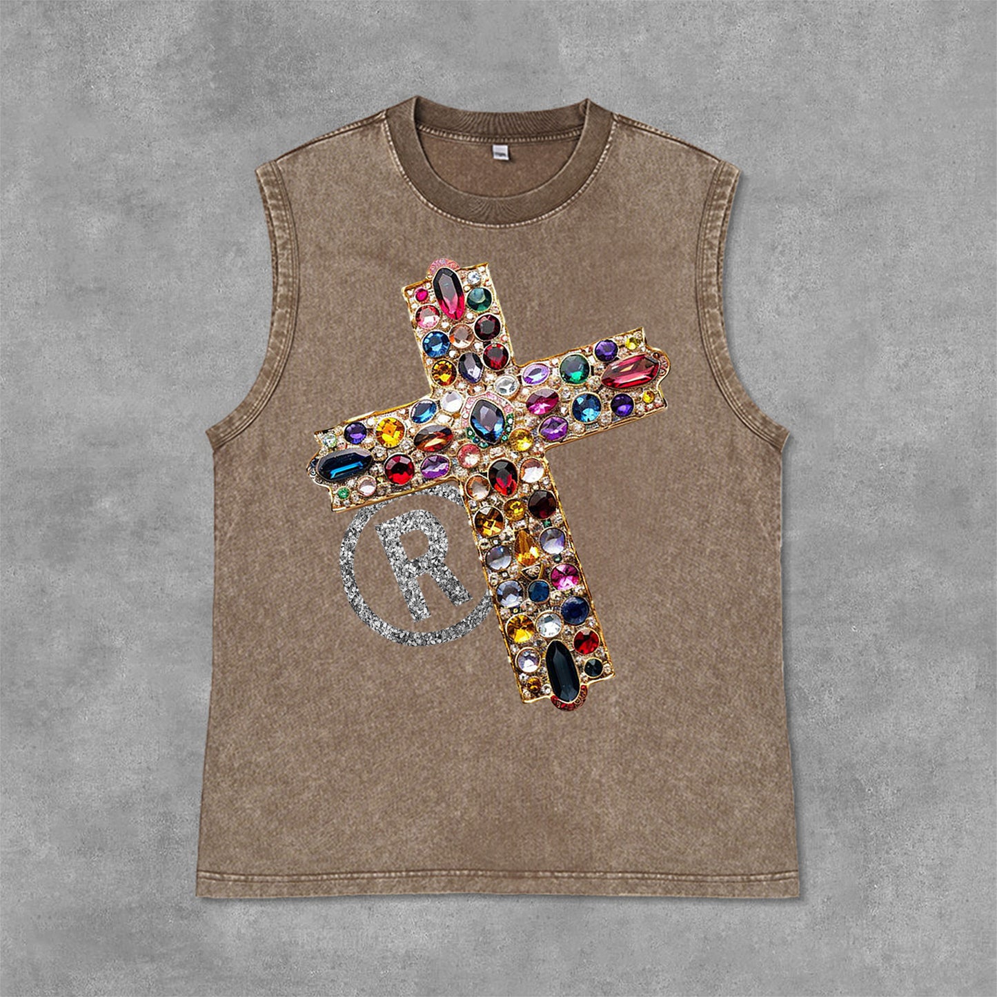 Diamond Cross Graphic Print Casual Acid Washed Sleeveless Tank Top