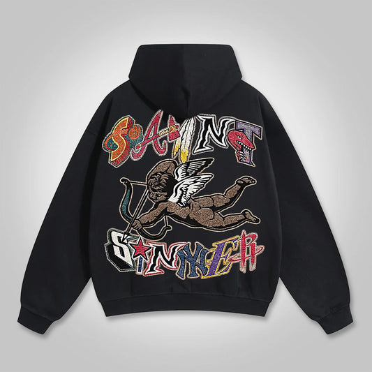 Vintage Saint Angel Graphic Print Side Pockets Hoodie