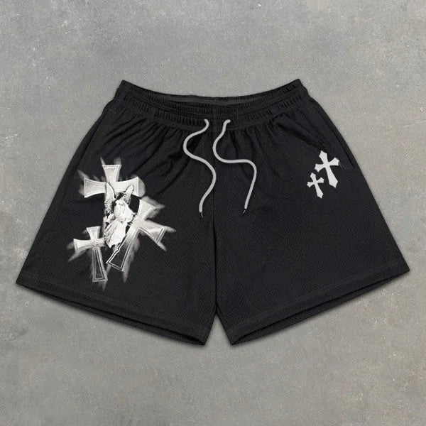 Black Trend Cross Belief Print Mesh Shorts