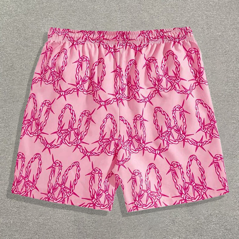 Vercoo Vintage Street Thorn Print Drawstring Mesh Shorts