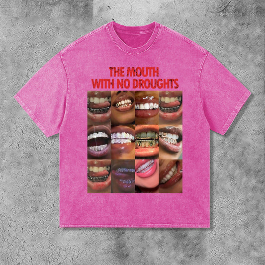 Vintage Lips Graphic The Mouth With No Droughts Print Acid Washed T-Shirt