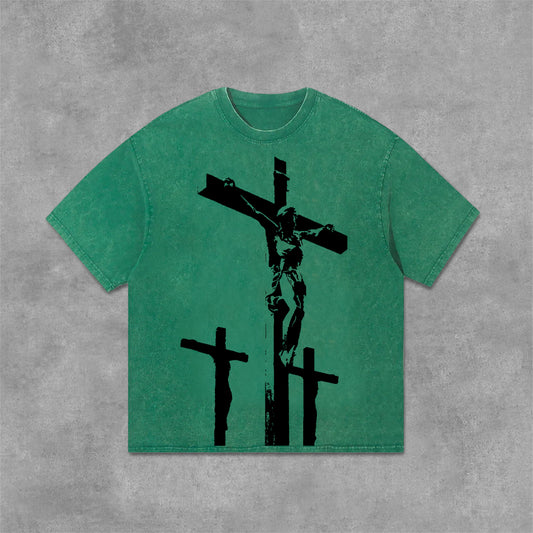 Jesus Cross Graphics Print Acid Washed T-Shirt