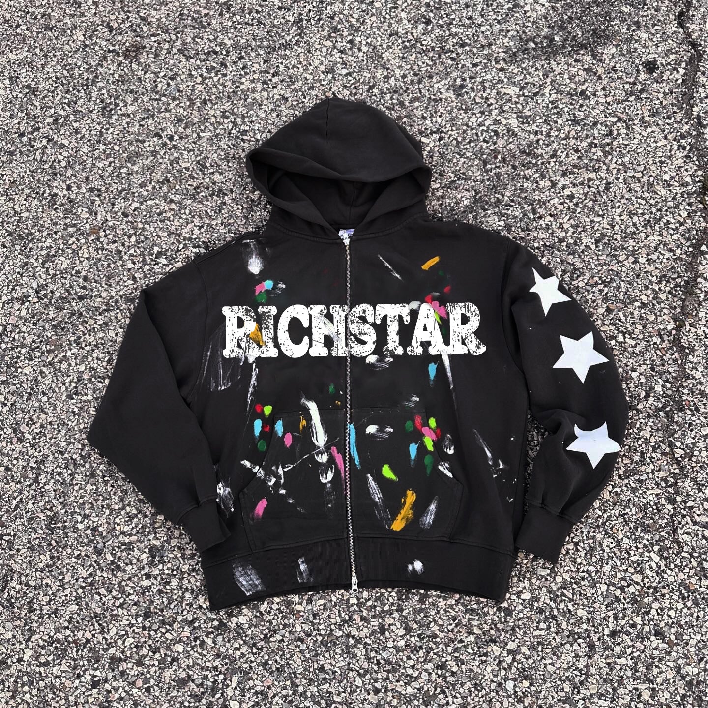 Vercoo Vintage Rich Star Artistic Graffiti Graphics Zip Hoodie