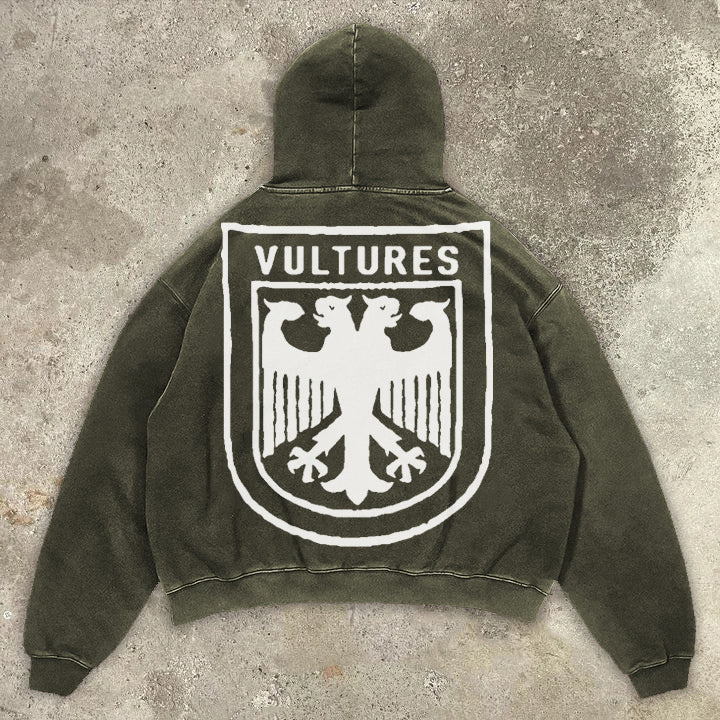 Vercoo Vintage Vultures Print Graphic Acid Washed Hoodie