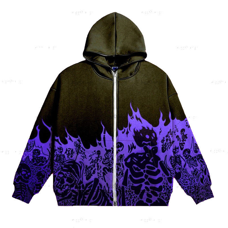 Vintage Flame Skull Print Graphic Zip Up Hoodie