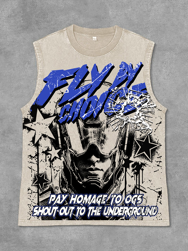 Fly By Choice Graphic Print Acid Washed Sleeveless Tank Top