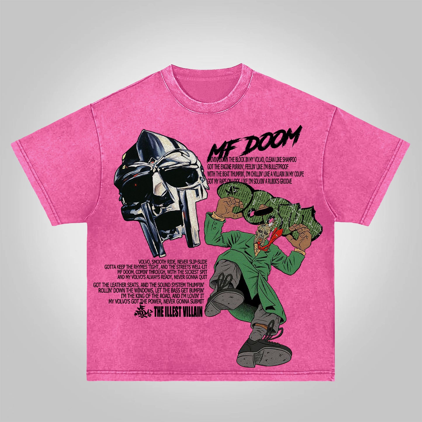 Vercoo Vintage The Illest Villain Mf Doom Graphic Print Acid Washed T-Shirt