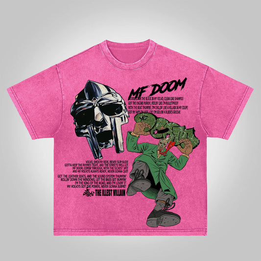 Vercoo Vintage The Illest Villain Mf Doom Graphic Print Acid Washed T-Shirt