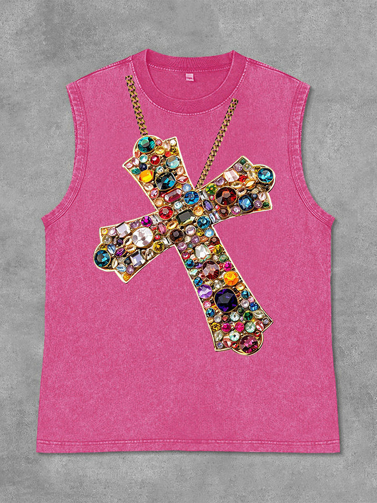 Diamond Cross Graphic Print Acid Washed Sleeveless Tank Top