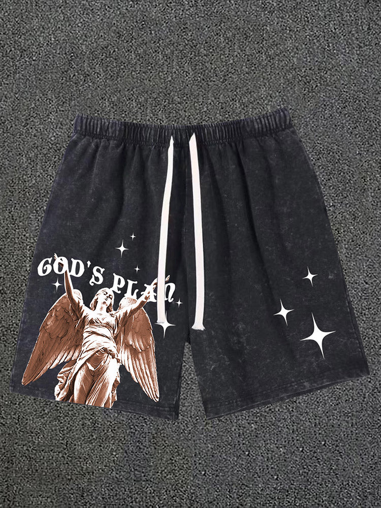 Men's Vintage God's Plan Print Drawstring Acid Washed Shorts