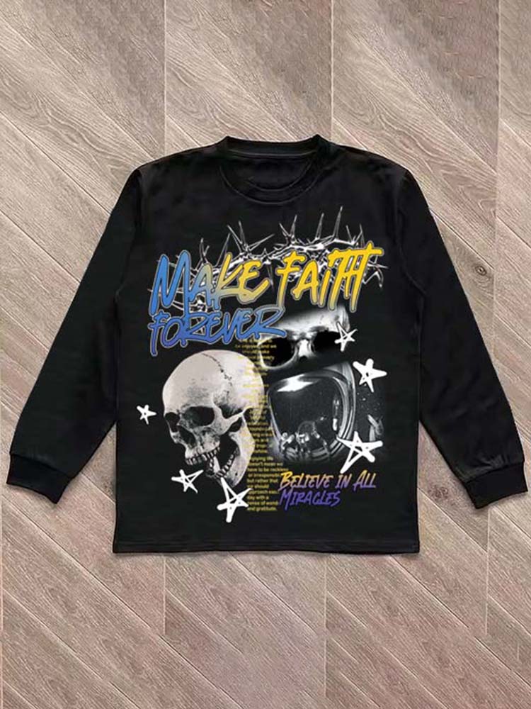 Vercoo Vintage Skull Graphic Print Long Sleeve Tee