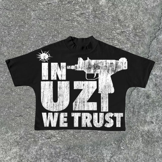 Vintage In Uzi We Trust Print Graphic Cropped T-Shirts