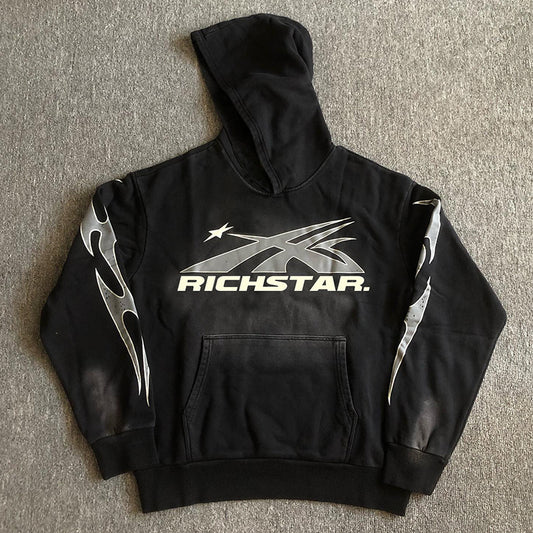 Vercoo Vintage Richstar Flame Graphic Acid Washed Oversized Hoodie