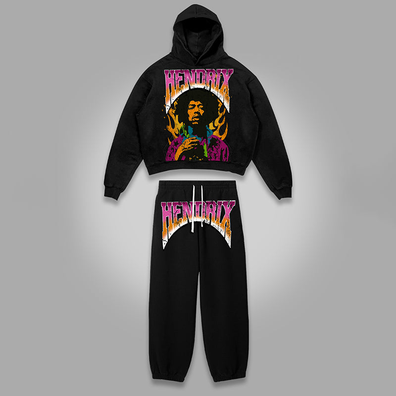 Vercoo Vintage Jimi Hendrix Graphic Print Tracksuit Two Piece Set