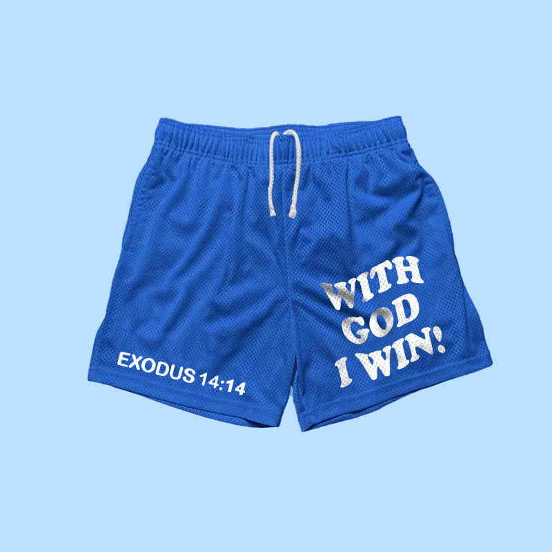 Vercoo With God I Win Print Casual Street Mesh Shorts