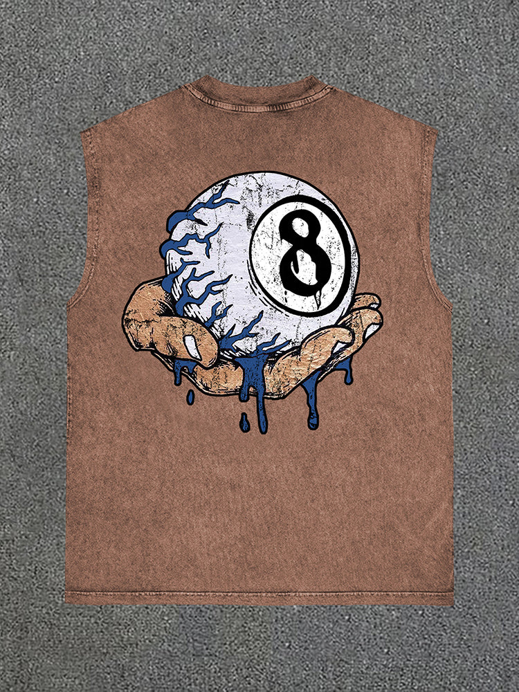 Hand Holding 8 Ball Fun Retro Print Vintage Wash Sleeveless Tank Top