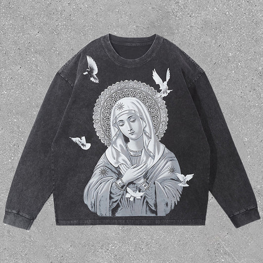 Vercoo Vintage Our Lady Of Guadalupe And Peace Dove Graphic Washed Long Sleeve T-Shirt