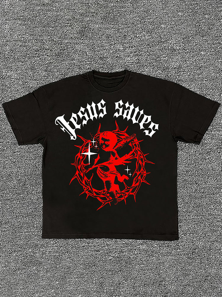 Vercoo Vintage Jesus Saves Print Short Sleeve Cotton T-Shirt