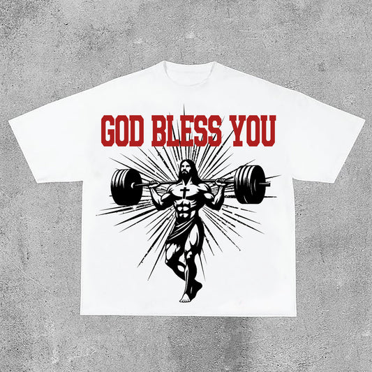 God Bless You Priest Power Fitness Print Cotton T-Shirt