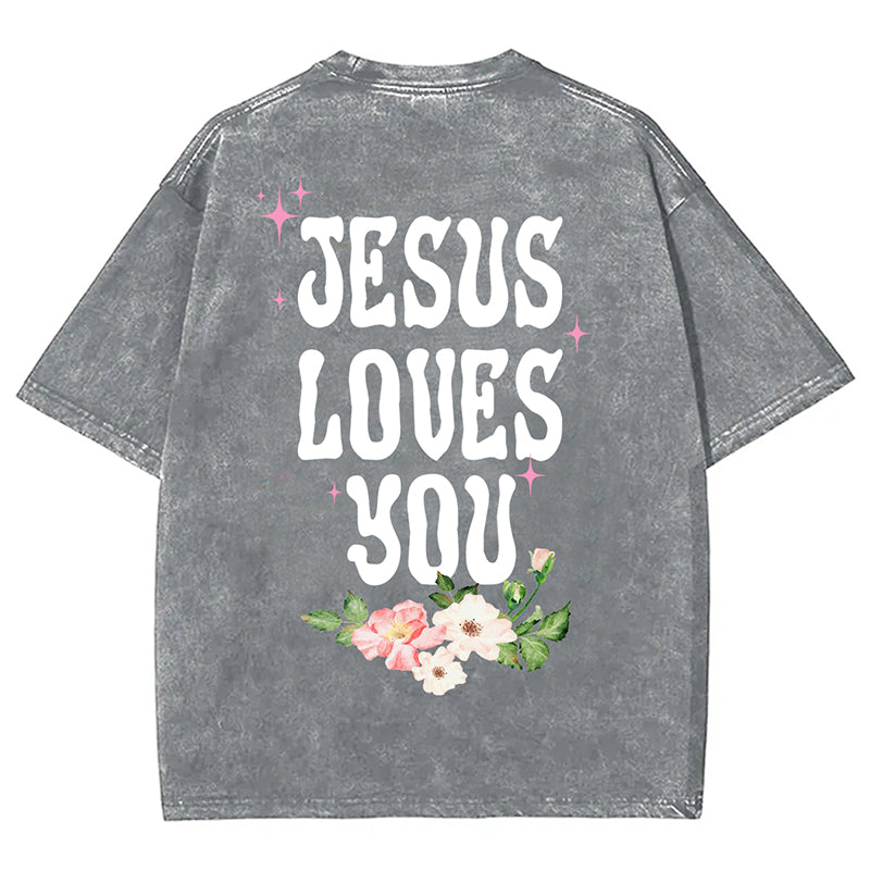 Vercoo Vintage Short Sleeve Jesus Loves You Unisex Printed Acid Washed T-Shirt