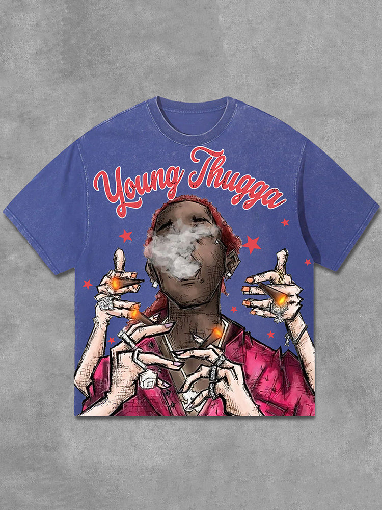 Young Thugga-Luh Lattt Graphics Print Acid Washed T-Shirt