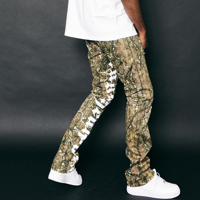 Vintage Jungle Camouflage Stack Graphic Flared Trousers