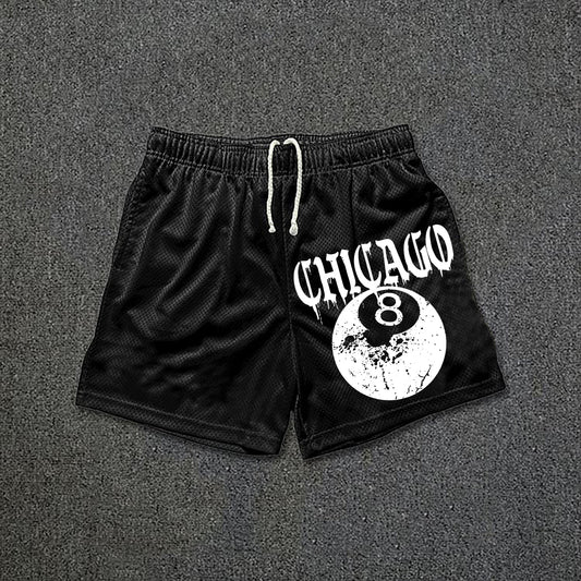 Casual Chicago 8 Ball Print Drawstring Mesh Shorts