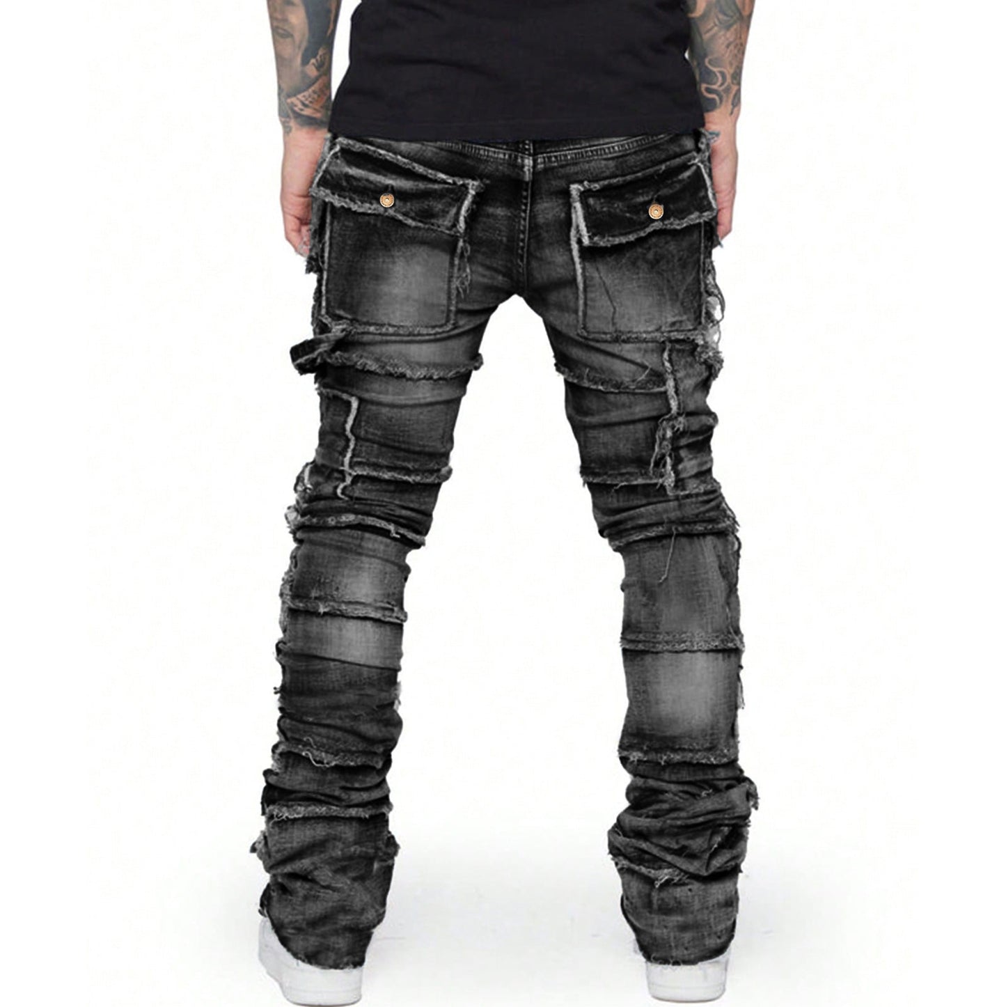 Hiphop Fashion Stretch Patch Cargo Straight Jeans