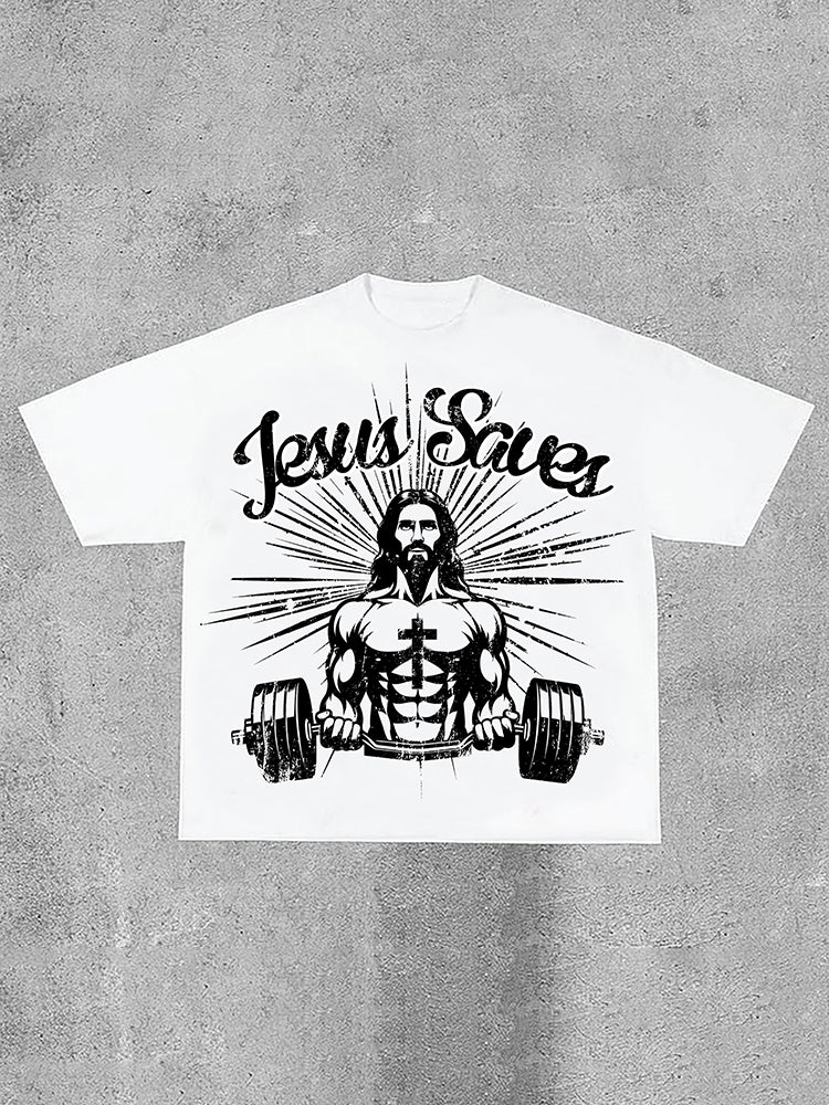 Jesus Saves Jesus Power Fitness Print Cotton T-Shirt