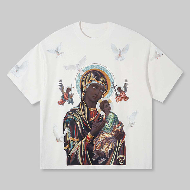 Vintage Unisex Black Madonna And Child Graphic Cotton T-Shirt