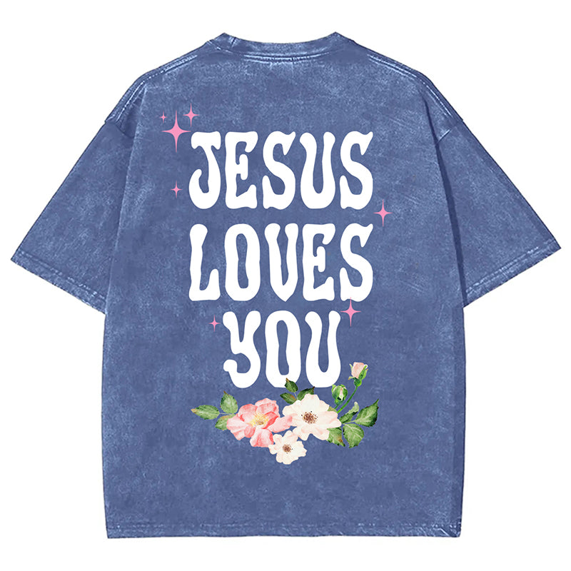 Vercoo Vintage Short Sleeve Jesus Loves You Unisex Printed Acid Washed T-Shirt